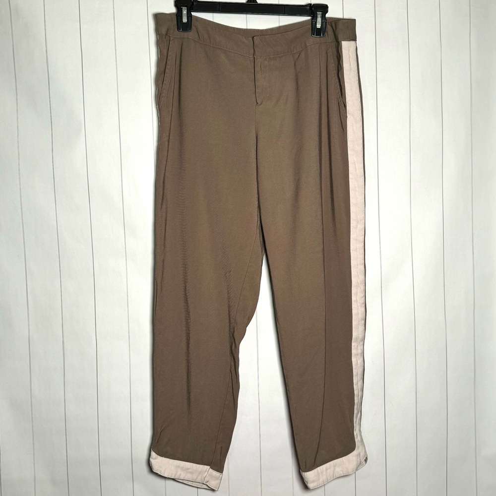 Ark Nc Dressy‎ Tapered Pants Light Brown w Cream Side-Stripe Rayon Blend size L
